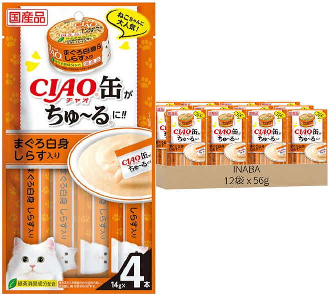 INABA CIAO 啾嚕 旨定系列 肉泥, 白身鮪魚 + 吻仔魚, 56g, 12袋