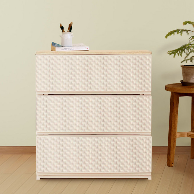 보노하우스 국내 제조 시에나 우드상판 와이드 서랍장, 크림, 3단