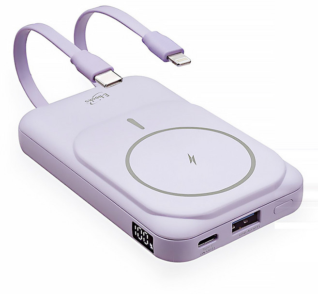 E-books B101 磁吸自帶雙線五輸出無線充電快充行動電源 10000mAh電池容量 LED數字顯示, 紫色