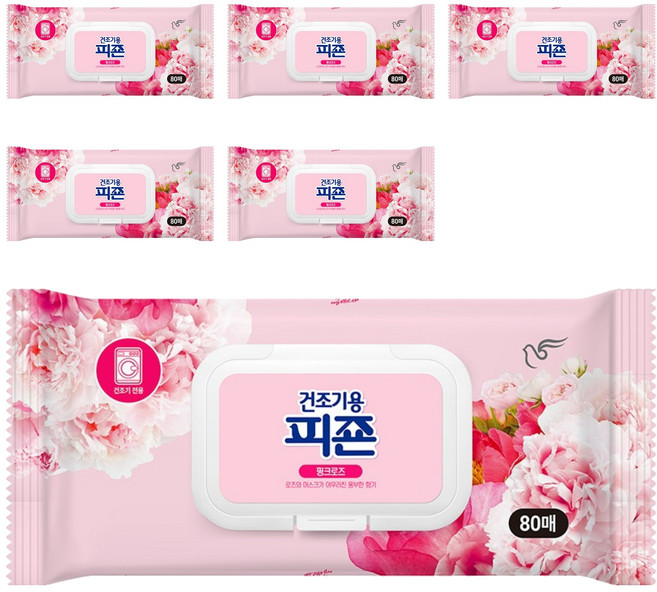 피죤 건조기용 오리지널 드라이시트 섬유유연제 핑크로즈 본품, 80매, 6개