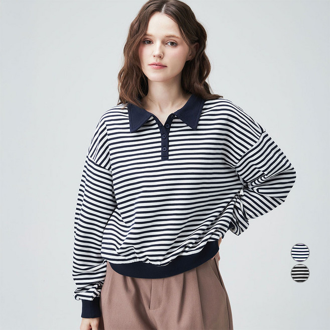 ELLEPARIS 스트라이프 카라 맨투맨 스웻셔츠