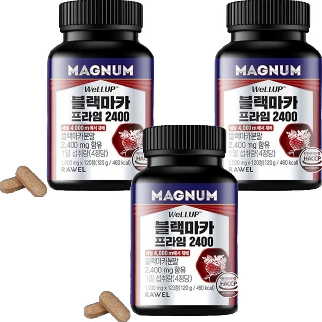 매그넘 로엘 웰업 블랙마카 프라임 2400 120정, 120g, 3개 - 쿠팡
