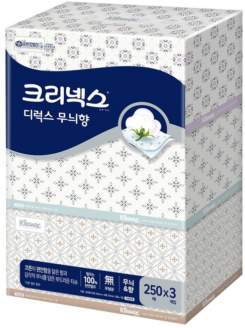 크리넥스 천연펄프 각티슈 디럭스 무늬향 2겹, 250매, 3개