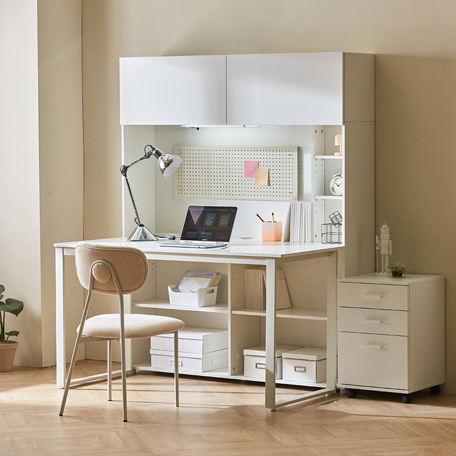 웰퍼니쳐 윌슨 1200 LED 책장 + 책상 + 타공판 + 이동 서랍장 세트 방문설치, 화이트