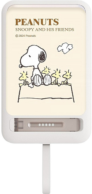 PEANUTS 史努比 板豆腐 自帶線磁吸無線充支架行動電源 12000series, PSN-139, 白色