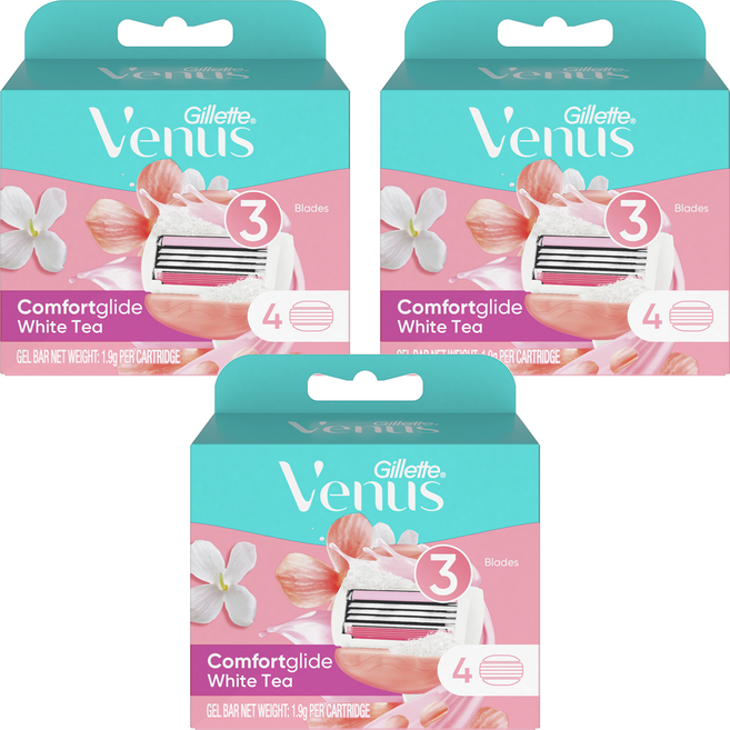 Venus 컴포트 글라이드 화이트티 여성용 면도날, 4개입, 3개