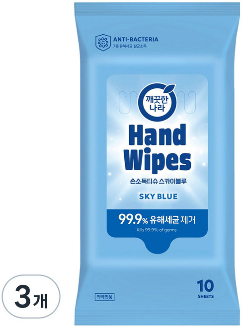 깨끗한나라 손소독 티슈 휴대형 스카이블루, 10매, 3개
