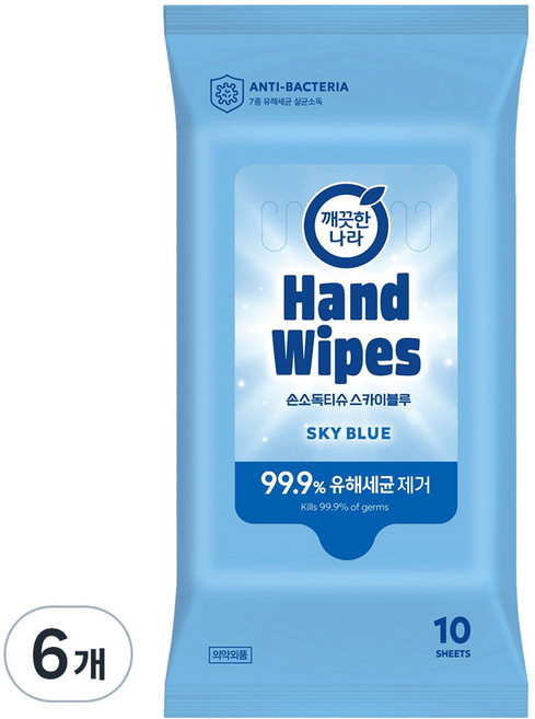 깨끗한나라 손소독 티슈 휴대형 스카이블루, 10매, 6개