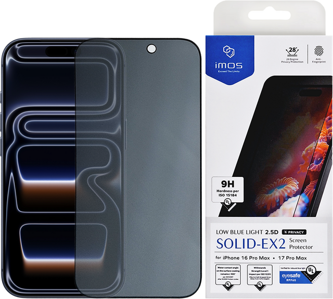 imos SOLID-EX2 2.5D 玻璃螢幕保護貼 for iPhone 17 / 17 Pro / 16 Pro 低藍光 防窺 9H 防指紋 防眩光 RPF60