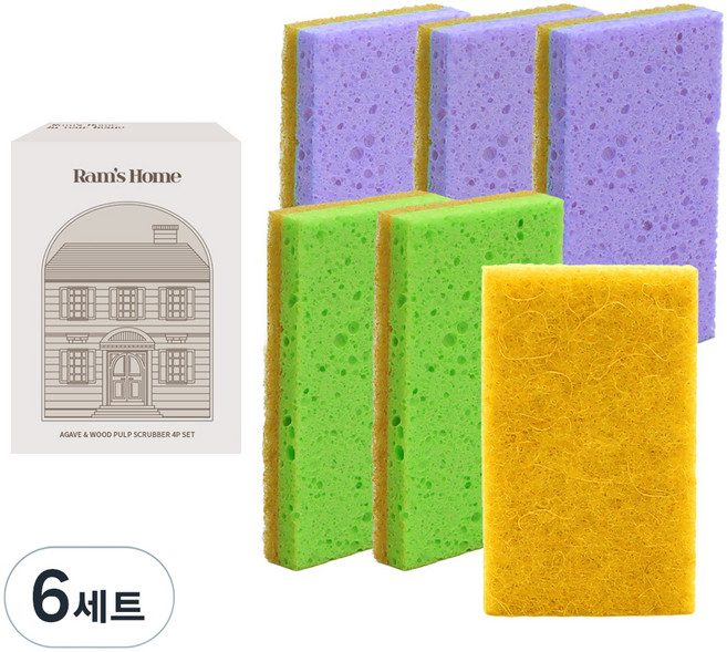 람스홈 셀룰로오스 아가베 무흠집 수세미 6개입, 6세트