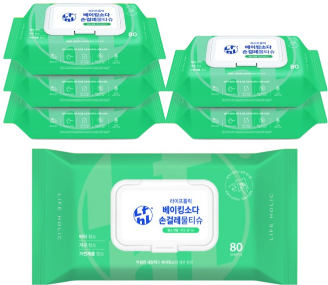 라이프홀릭 베이킹소다 손걸레 물티슈 80매, 6개