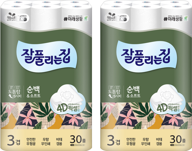 잘풀리는집 순백&소프트 3겹 고급롤화장지, 28m, 30롤, 2개