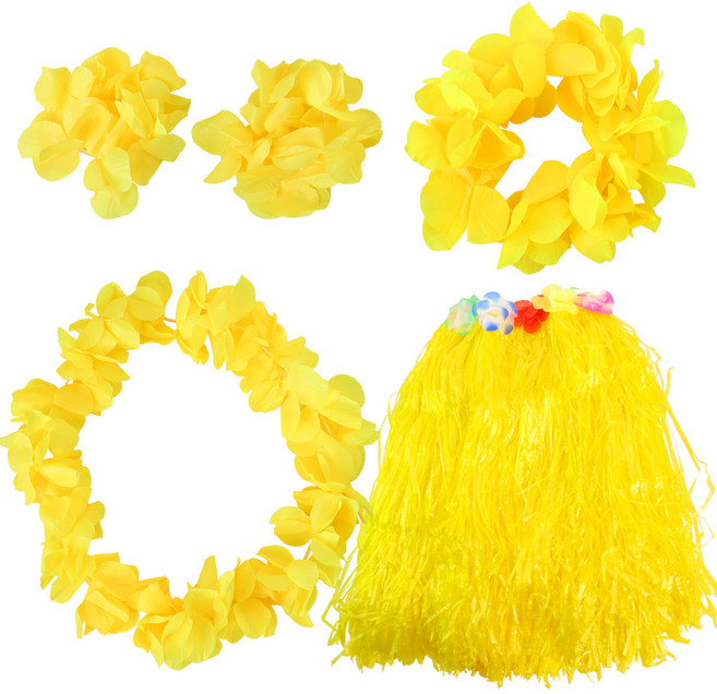 하와이안 훌라스커트 + 목걸이 + 화관 + 팔찌 2p 세트, 옐로우, 1세트