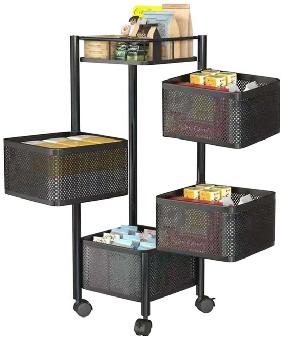 마켓플랜 이동식 트롤리 다층수납 회전 선반 28x59cm, 블랙, 3단