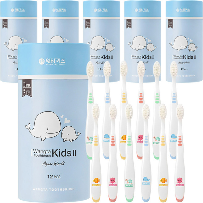 왕타 아쿠아월드 2호 어린이 칫솔, 코랄,노랑,파랑,초록, 12개입, 6세트