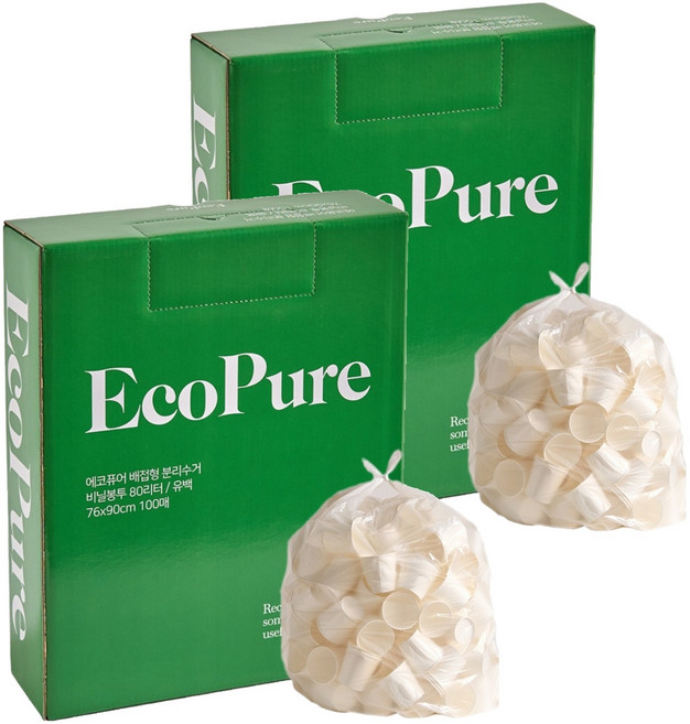 에코퓨어 배접형 분리수거 쓰레기봉투 유백 100p, 2개, 80L