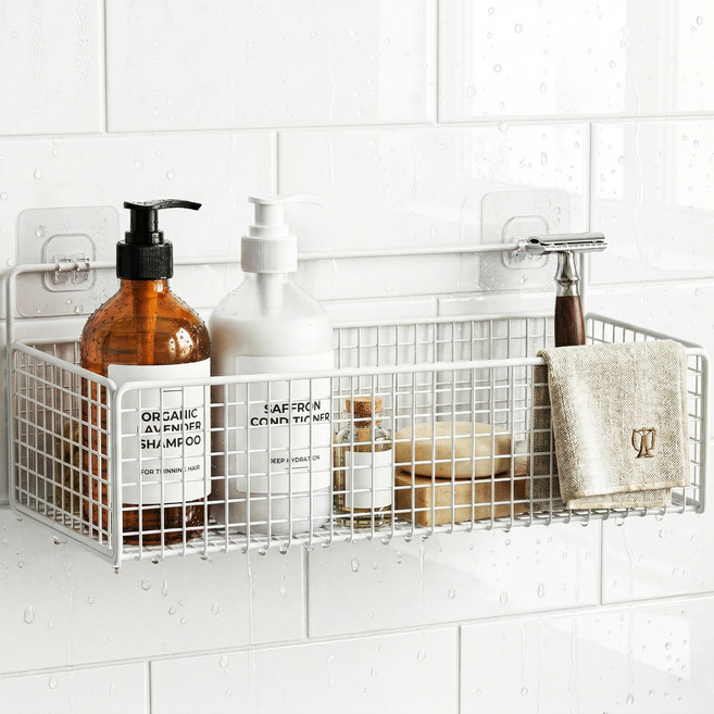 한봄누리 펀칭 디자인 무타공 다용도 바스켓 욕실 선반, 화이트, 2개