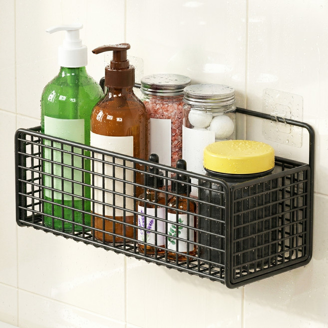 한봄누리 펀칭 디자인 무타공 다용도 바스켓 욕실 선반, 블랙, 2개