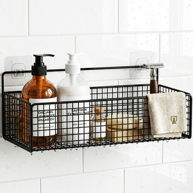 한봄누리 욕실 바스켓 선반 일자형 무타공, 블랙, 2개