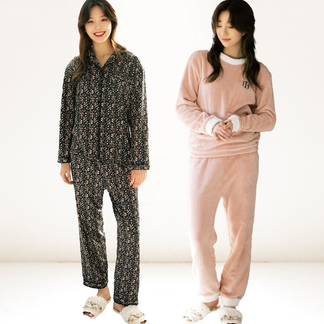 테라우드 여성용 플라워 피치 기모 상하의 잠옷 + 융털 수면 상하의 잠옷 세트