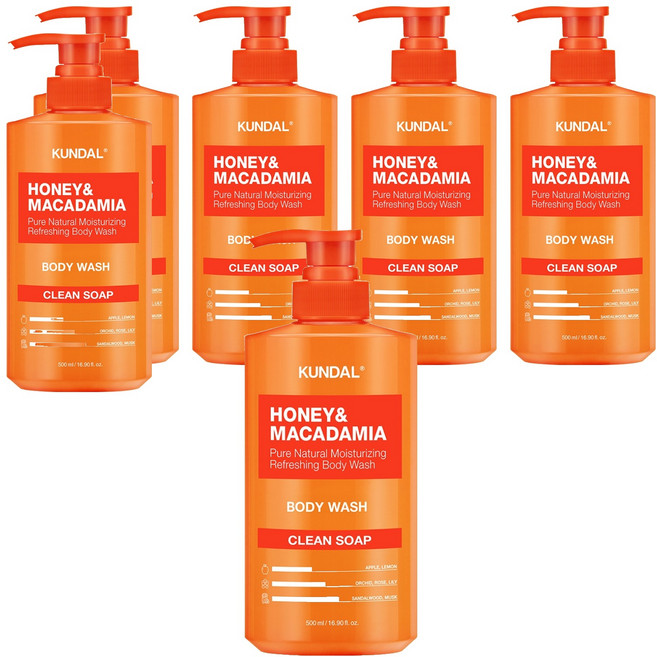 쿤달 허니 앤 마카다미아 퓨어 바디워시 클린솝, 500ml, 6개