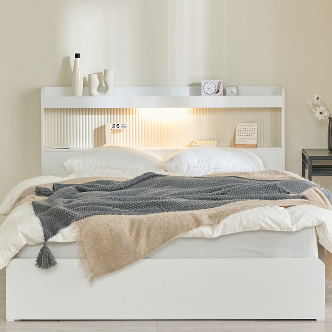 웰퍼니쳐 아르보 LED 수납 침대 프레임 단품 방문설치, 화이트