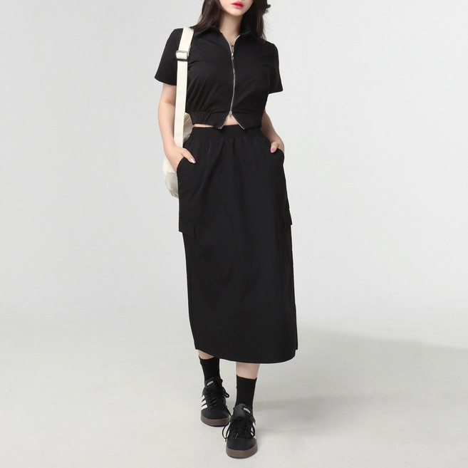 코튼클로젯 여성용 바스락 뒷트임 카고 밴딩 롱스커트