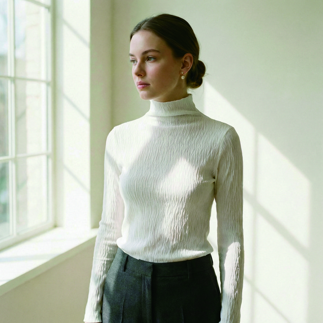 올리브데올리브 여성용 물결하이넥 시스루 티셔츠