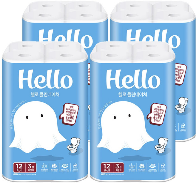 헬로 클린네이처 천연펄프 3겹 고급롤화장지, 27m, 12개입, 4세트