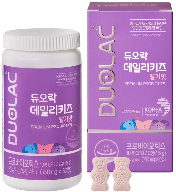 듀오락 데일리키즈 딸기 츄어블 어린이 유산균, 60정, 1개 - 쿠팡