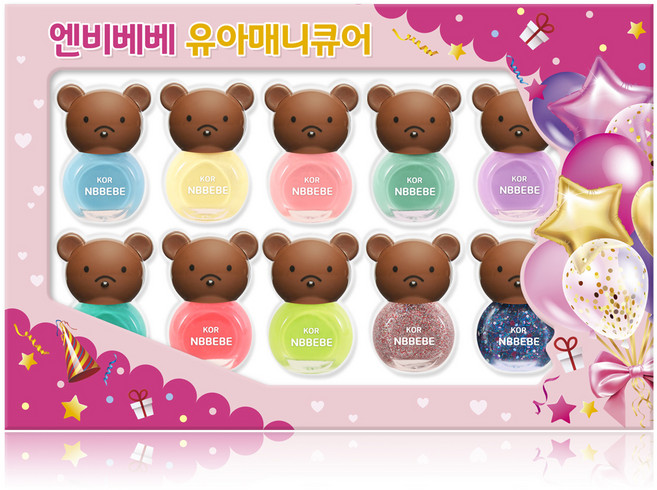 엔비베베 키즈네일 곰돌이 어린이 네일 컬러 10종 B세트, 혼합색상, 1개