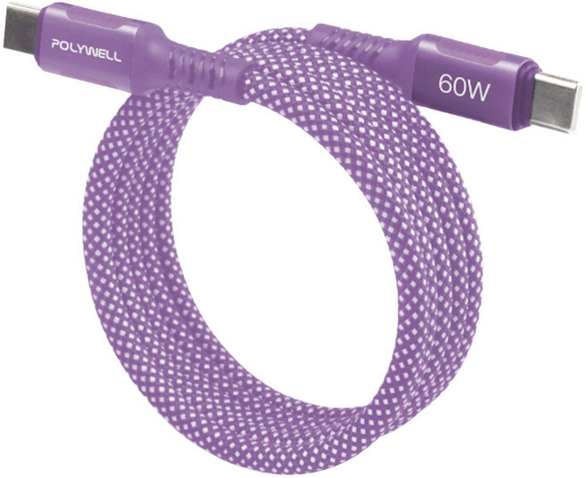 POLYWELL 寶利威爾 Type-C-Type-C 磁吸收納PD快充線 PW15-W45-A390, 1條, 紫色, 1m