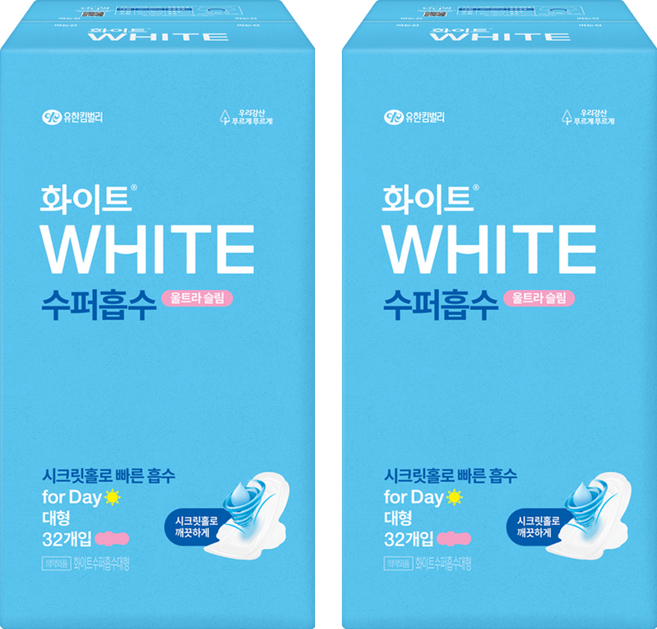 화이트 수퍼흡수 생리대 날개형, 대형, 32개입, 2개