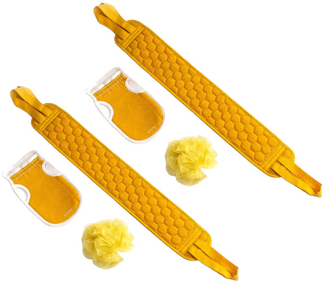 떼루와 목욕 샤워 각질제거 롱 때밀이 타올 + 때장갑 + 샤워볼 세트, 옐로우, 2세트