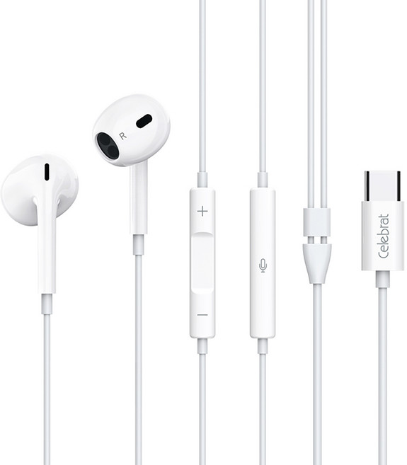 Celebrat TYPE-C 耳塞式有線耳機 - 高音質通話 半入耳式設計, E400, 白色