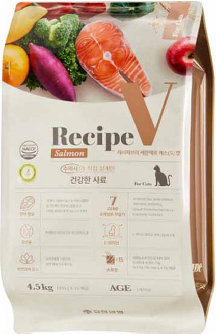 유한양행레시피브이 1세 이상 고양이 세븐제로 건식사료, 연어, 4.5kg, 1개