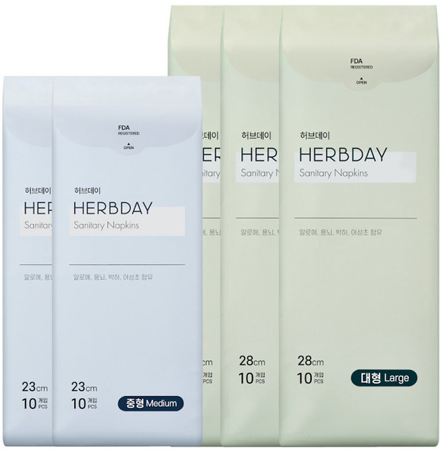 허브데이 대형 생리대 날개형 30p + 중형 생리대 날개형 20p, 1세트