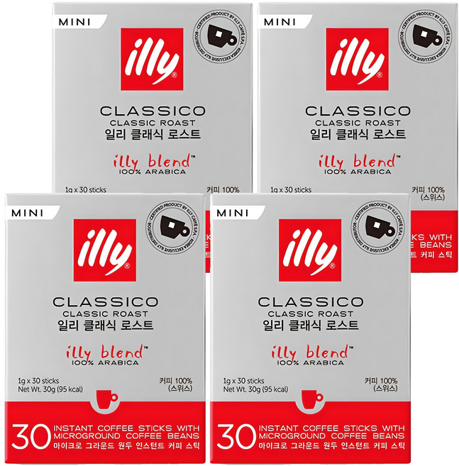 일리 클라시코 클래식 로스트 미니 원두 인스턴트 커피 스틱, 30개입, 4개, 1g