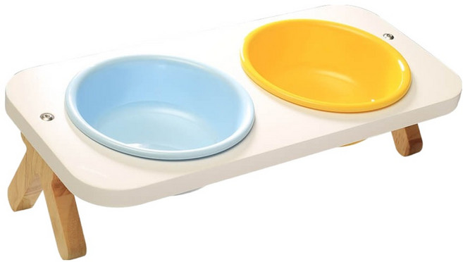 Catfeet 竹製高叉雙碗組 天然實木碗架 密胺材質 碗架墊高器皿 木製桌邊圓滑, 藍色 + 黃色, 1組