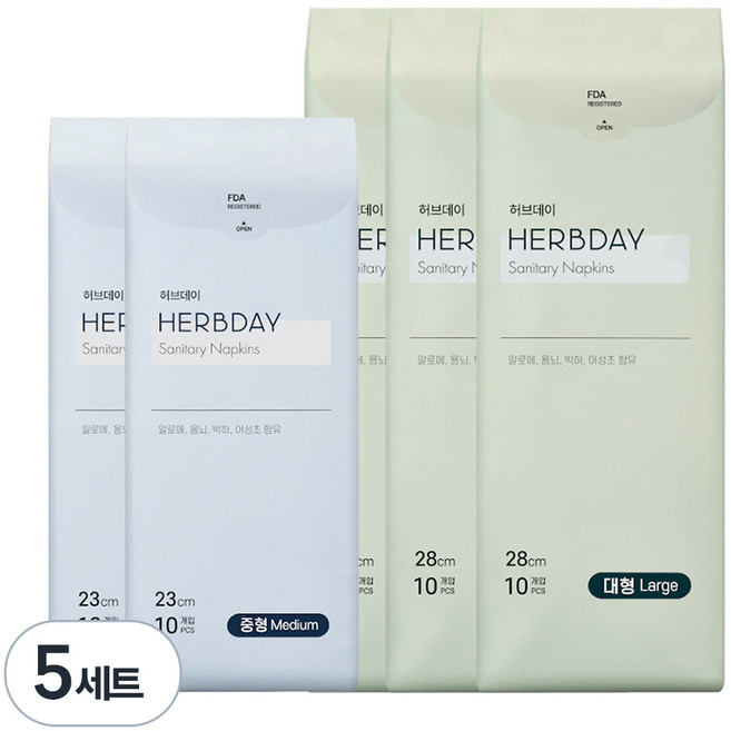 허브데이 대형 생리대 날개형 30p + 중형 생리대 날개형 20p, 5세트