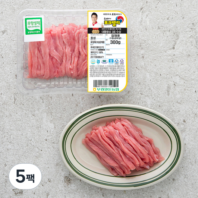 포크밸리 한돈 무항생제 인증 등심 잡채용 (냉장), 300g, 5팩