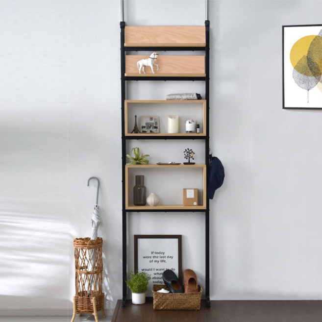 C&B 理由屋良品生活 頂天立地壁面多用途置物架展示架 60 x 24.5 x 188~320cm 3000g 1個, 黑色 + 原木色
