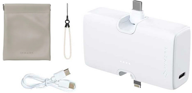 iNMARK 創麥科技 小方塊行動電源 2合1快充版 5000mAh USB-C + Lightning 附掛繩 + 收納袋 + 充電線, 天使白, GCB01
