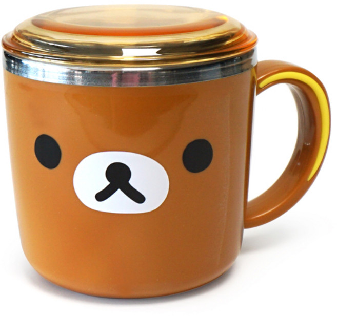 리락쿠마 얼굴 뚜껑 스텐컵, 브라운, 1개, 260ml