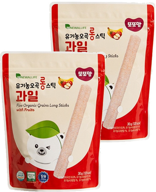 또또맘 유아용 유기농 오곡 롱 스틱 과자, 과일맛, 30g, 2개