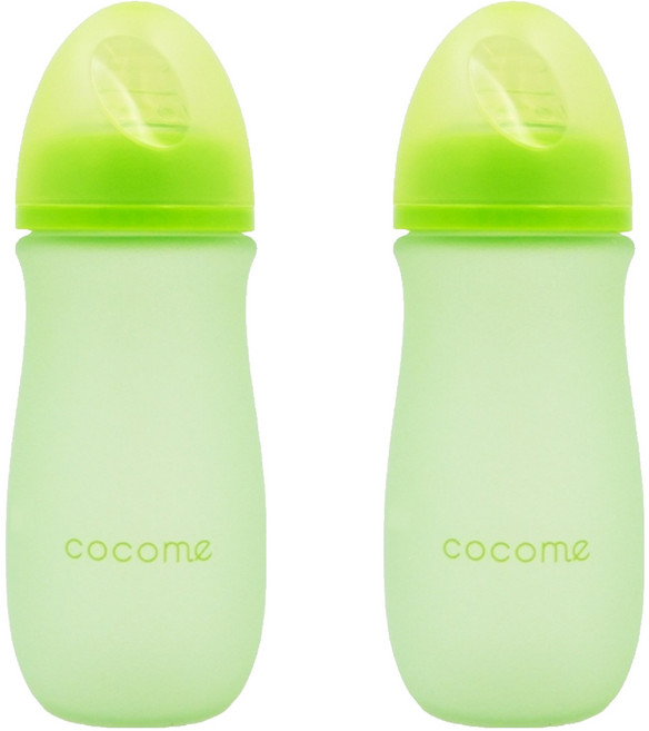 cocome 防爆感溫晶鑽寬口玻璃奶瓶 實用組, 綠色, 260ml, 2個