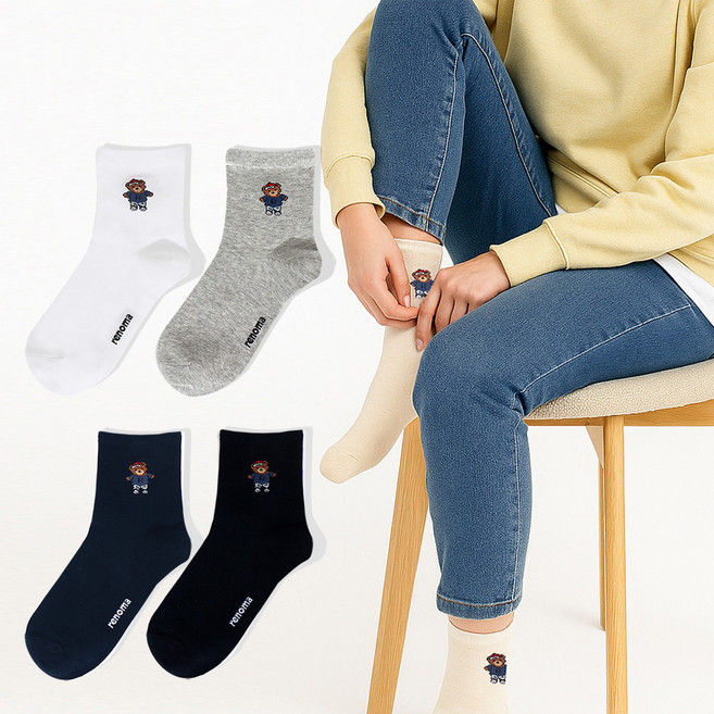 레노마 여성용 곰돌이 테디베어 캐릭터 니팅 양말 5족 세트