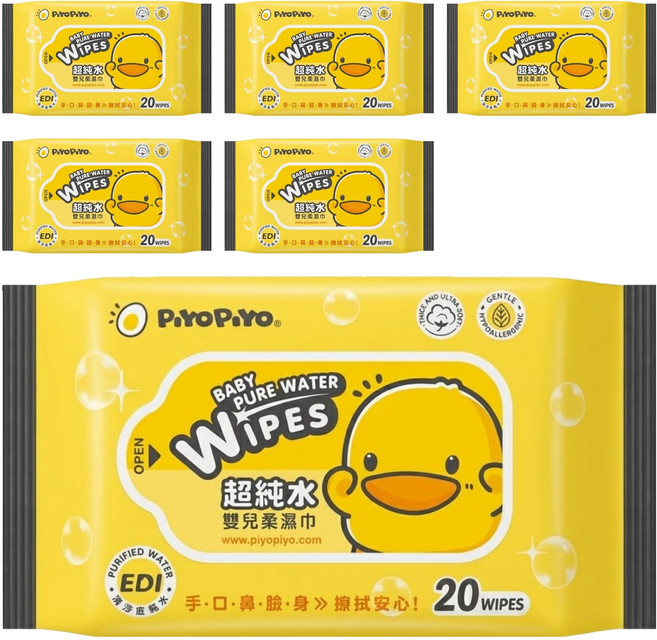 PiYOPiYO 黃色小鴨 EDI超純水嬰兒濕紙巾, 20張, 6包