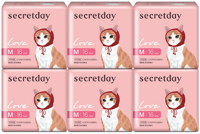 secretday Love超薄蝶翼型衛生棉, M(24.5cm), 16片, 6包
