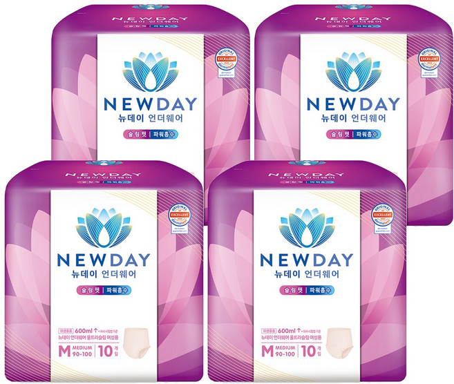뉴데이 여성용 언더웨어 울트라슬림 성인기저귀, 중형, 10매입, 4세트